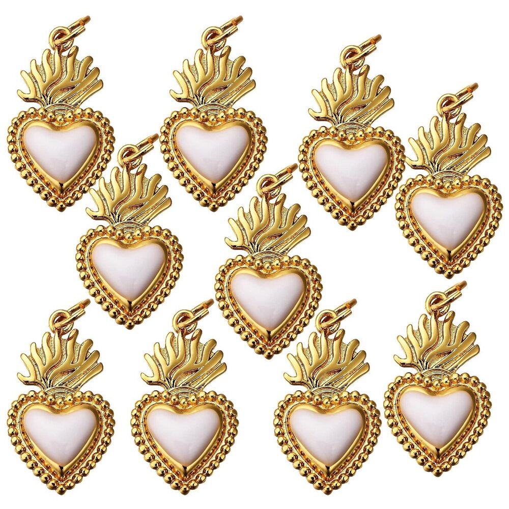 4391 10Pcs White Sacred Heart Enamel Charms Gold Plated Mexican Milagros